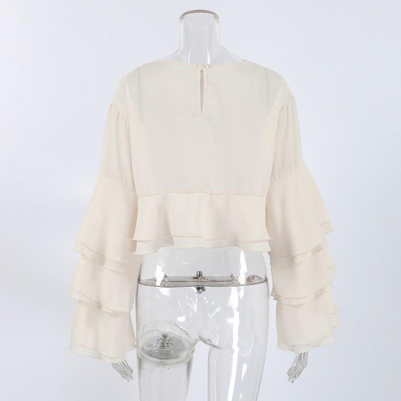 Womens Apricot Chiffon Blouse 2026 Ruffle Sleeve Loose Fit Round Neck Pullover Top