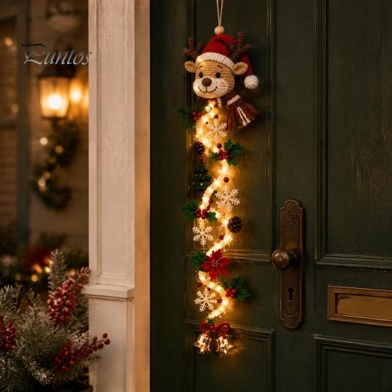 Snowflake Xmas Mantel Accents Glowing Christmas Door Hanger, Crochet Spiral Ornament with LED Lights, Snowman Santa Reindeer Decorative Winter