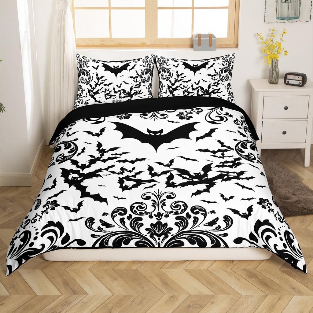 Black White Spider Web Duvet Cover Queen Halloween Gothic Bedding Set for Boys Adults Room Decor Hippie Floral Comforter Cover