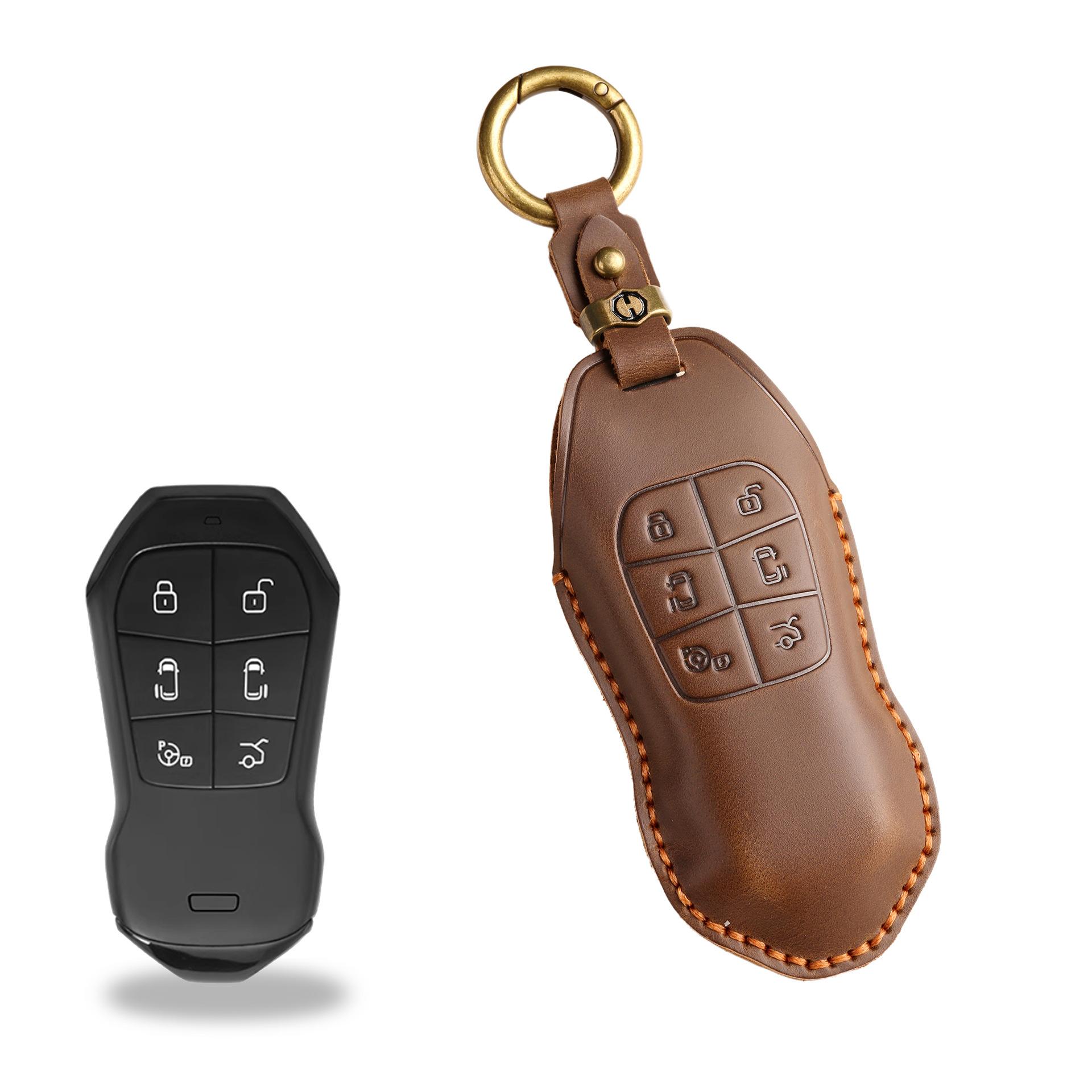 

The retro key cover is suitable for Xiaopeng x9 key bag, Xiaopeng X9 car handmade leather remote control protection bag buckle. коричневий