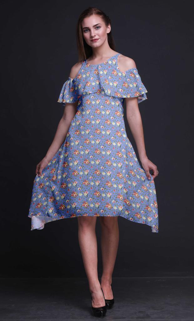 Bimba Blue Floral Print Cold Shoulder Women Swing Tunic Flutter Sleeve Midi Dress -