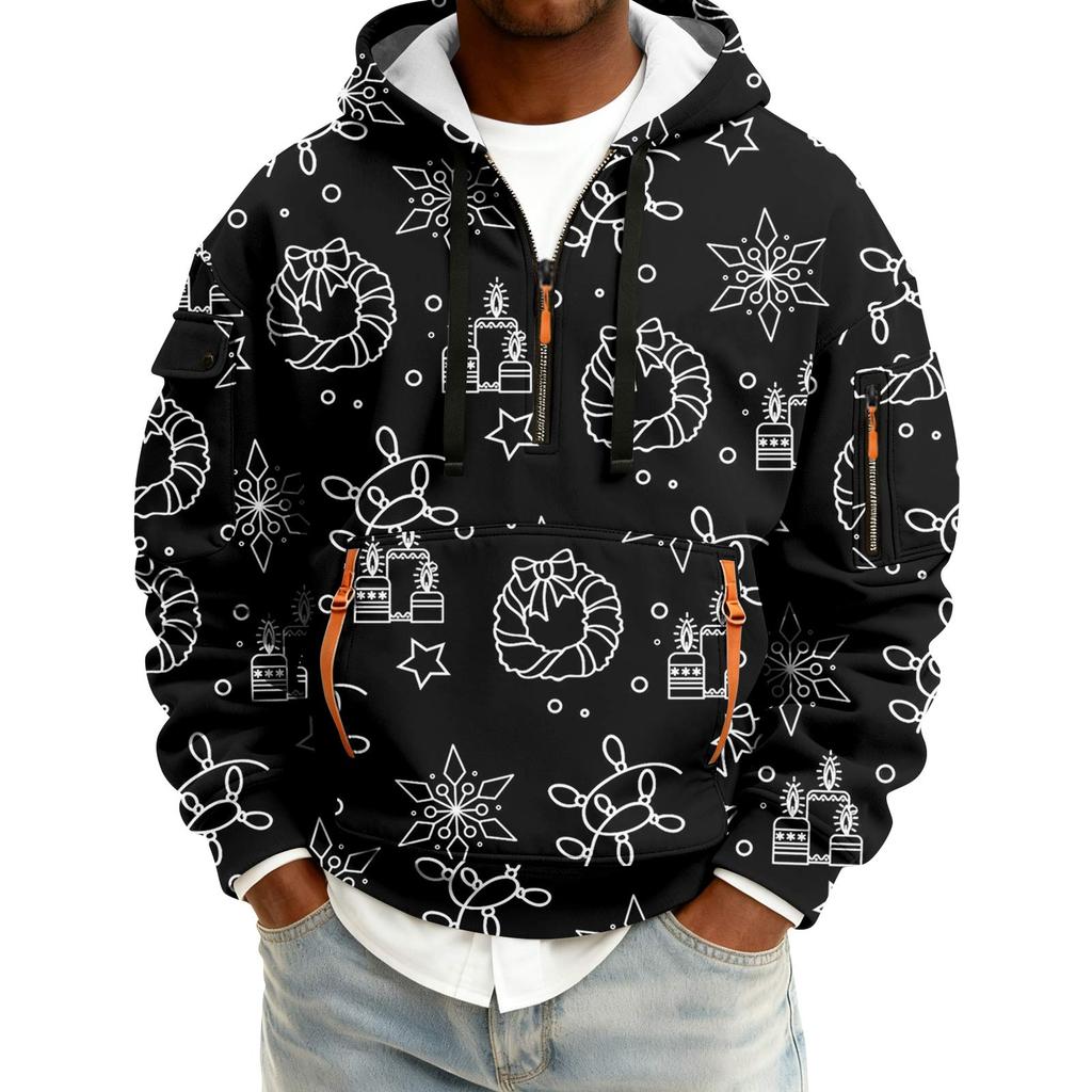 Sudadera deportiva casual de media cremallera con capucha y estampado navideño para hombre