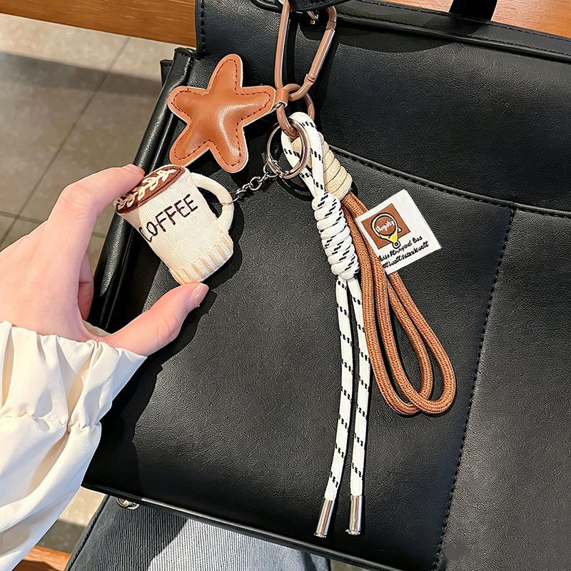 Yogodlns Cute Cartoon Coffee Cup Keychain Fashion Handbag Pendant with DIY Woven Rope Mobile Phone Car Key Design Creative Gift