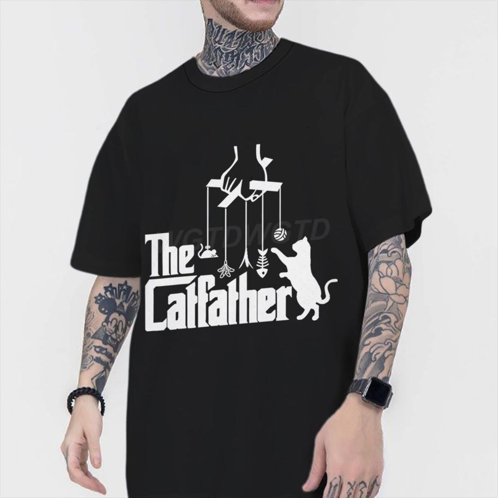 Vintage The Catfather Print T Shirt Men Fun Animal Cat Streetwear Short Sleeve Crewneck 100 Cotton Tshirts Fashion Kitten Tees