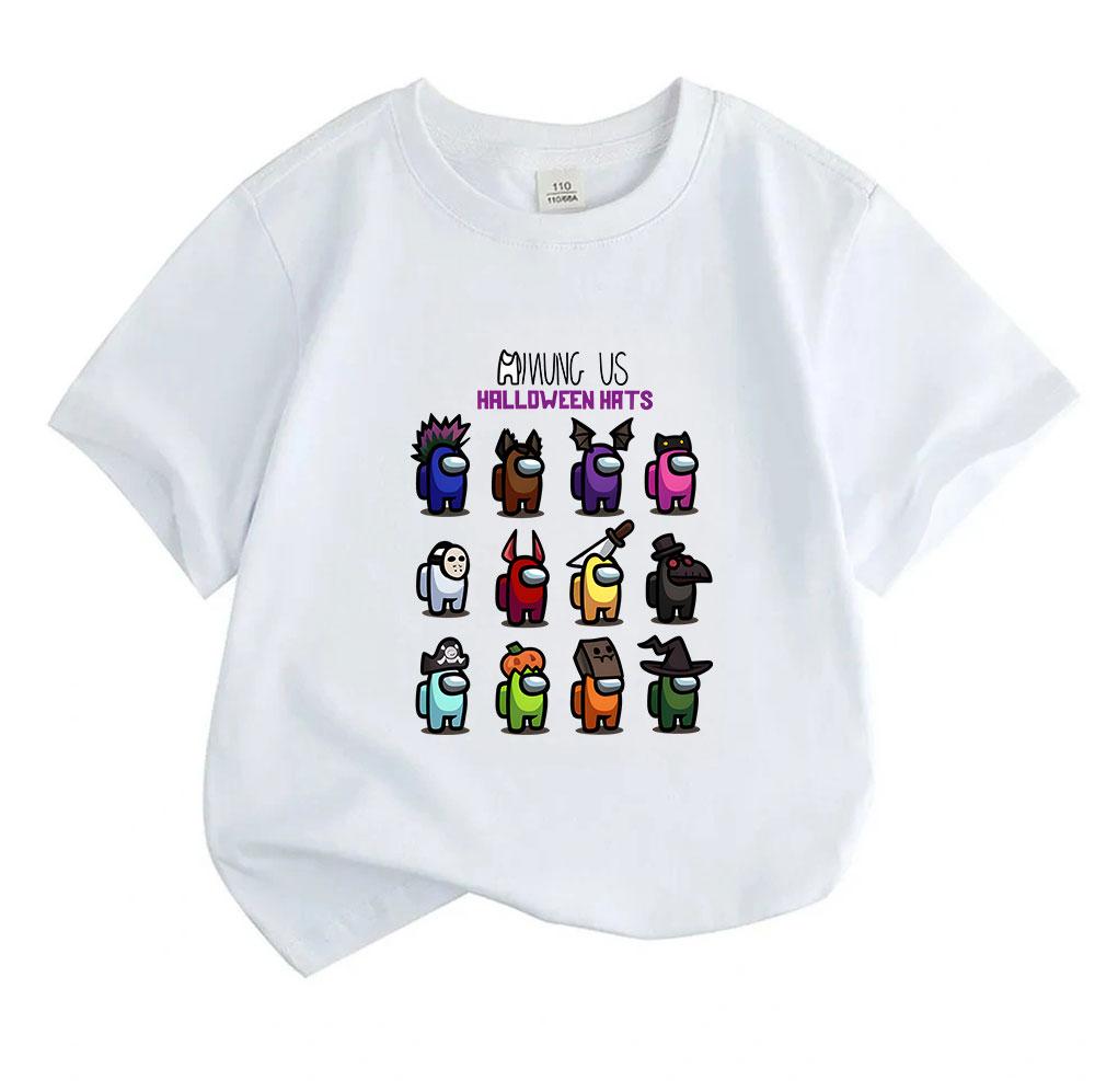 Kinder Jungen Mädchen 100% Baumwolle Kurzarm Rundhals T-Shirt, Lässiges Among Us Halloween Cartoon Hüte Aufdruck Oberteil, Bequeme T-Shirts für Kinder Tägliche Kleidung Ho