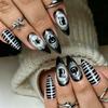 Halloween Black And White Striped Retro Silver Frame Almond Wear Nails Black Cat Pumpkin Spider Gothic Style False Nail Patch