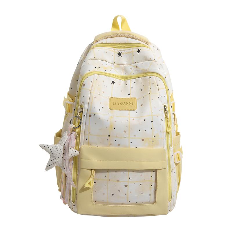 Cute Star Print School Backpack Lightweight Nylon Zipper Daypack with Clear Pocket for Teen Girls Daily Travel