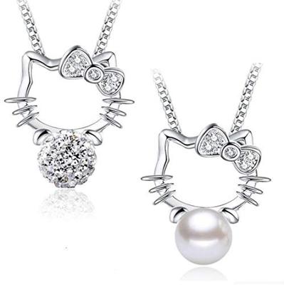 Bijunet Necklace Hello Kitty Sterling Silver 925 Platinum Finish Cubic Zirconia Pearl