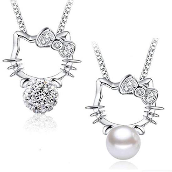 

Necklace Hello Kitty 925 Silver Platinum Finish Mirror Ball Pearl Cubic Zirconia Sparkling Cute Gift Present [Bigenet] (Mirror Ball)