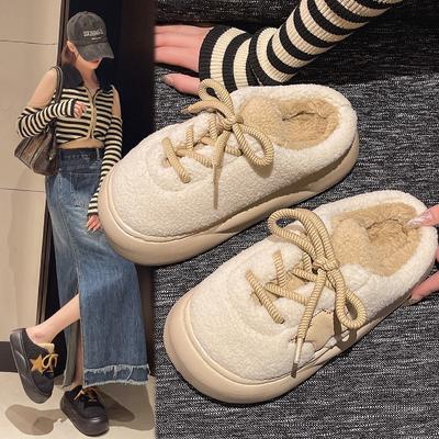 Mode Damen Plüsch Hausschuhe mit dicker Sohle Winter Neue Schnür-Warme Hausschuhe Indoor Zuhause Lässige Baumwollschuhe für Damen