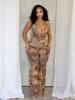 European & American Leopard Print Lace-up Halter Backless Top and Slim Long Pants Set
