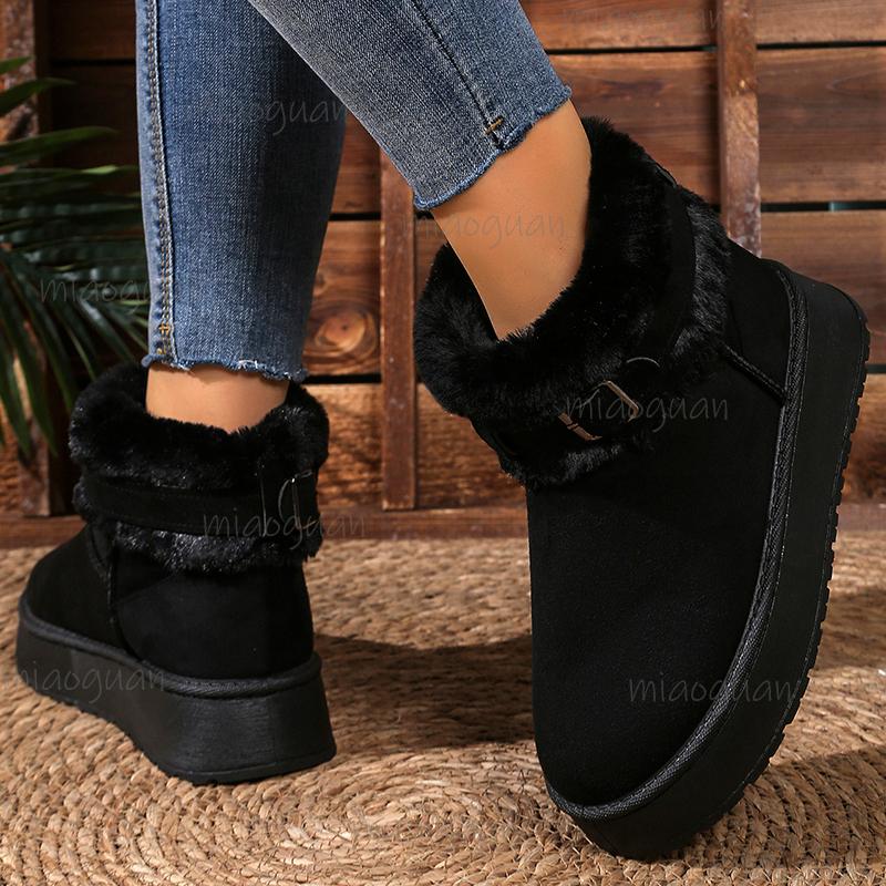 Fashion Buckle Faux Fur Winter Ankle Boots Women Cotton Padded Thicken Plush Snow Boots Comfort Thick Sole Non Slip Platform Casual Shoe