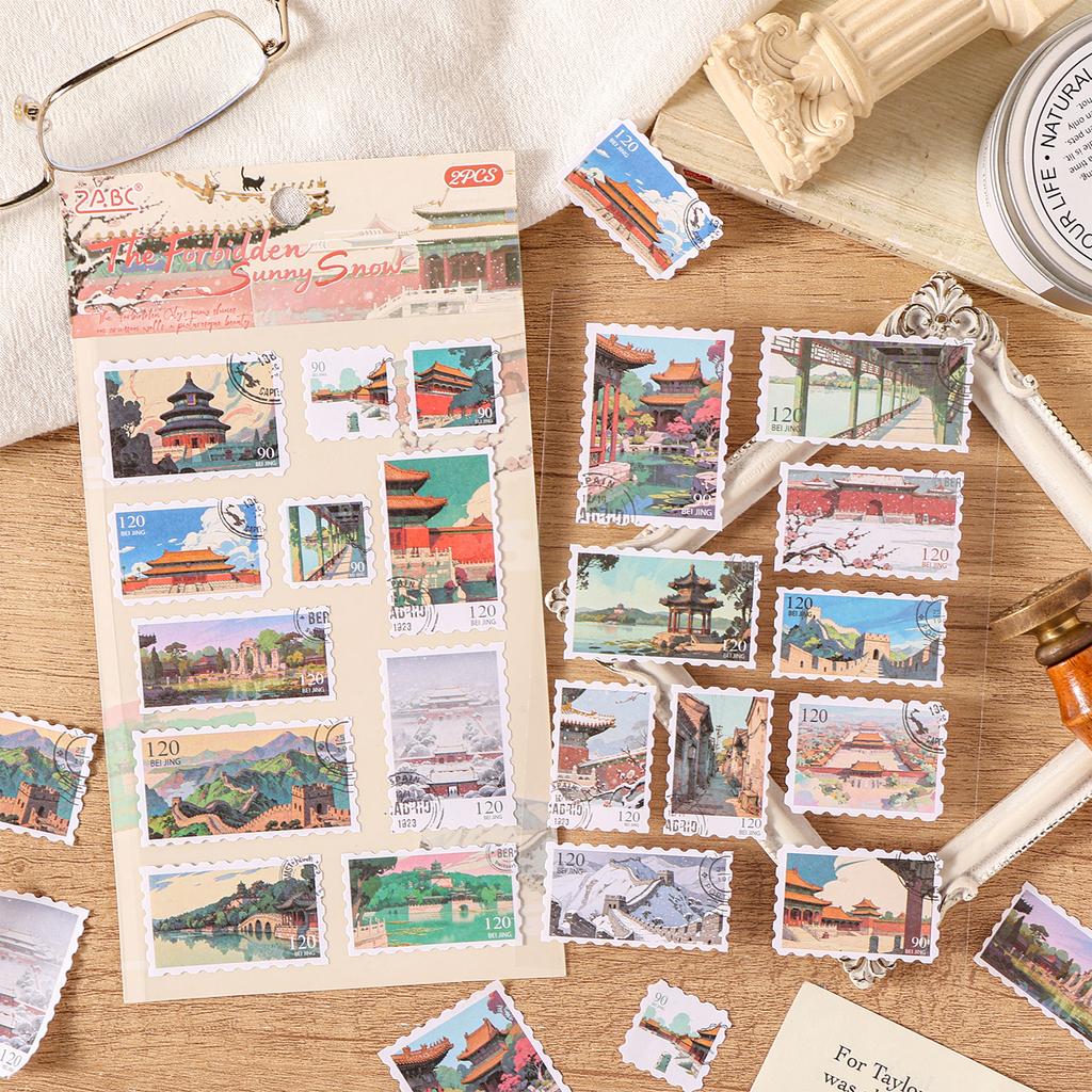 2sheets Ins City Scenery Adhesive Stamp Stickers DIY Handmade Scrapbook Message Envelope Decoration Aesthetic Stickers