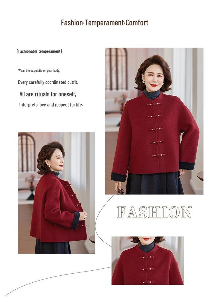 Damen Winterkollektion: Rotes Rattenjahr-Kleid, Wollmantel der Mutter, Baumwolljacke für mittlere und ältere Menschen, Wollmantel im französischen Stil
