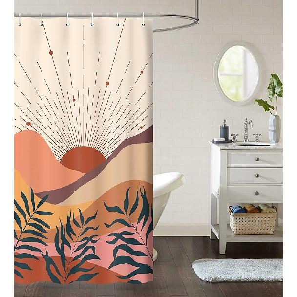 Boho Shower Curtain, Orange Bohemian Mid Century Modern Shower Curtain, Abstract Blue Leaves Plant Grey Minimalist Bathroom Decor Bath Curtain