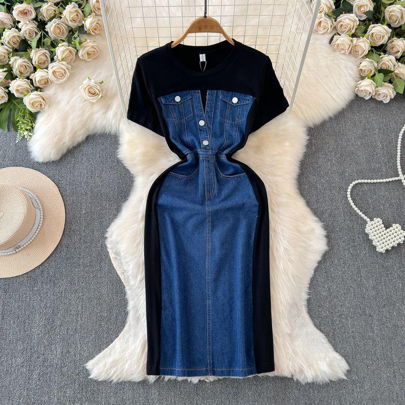 

Нишевое джинсовое платье в стиле интернет-знаменитости, пэчворк, круглый вырез, короткий рукав Black XL