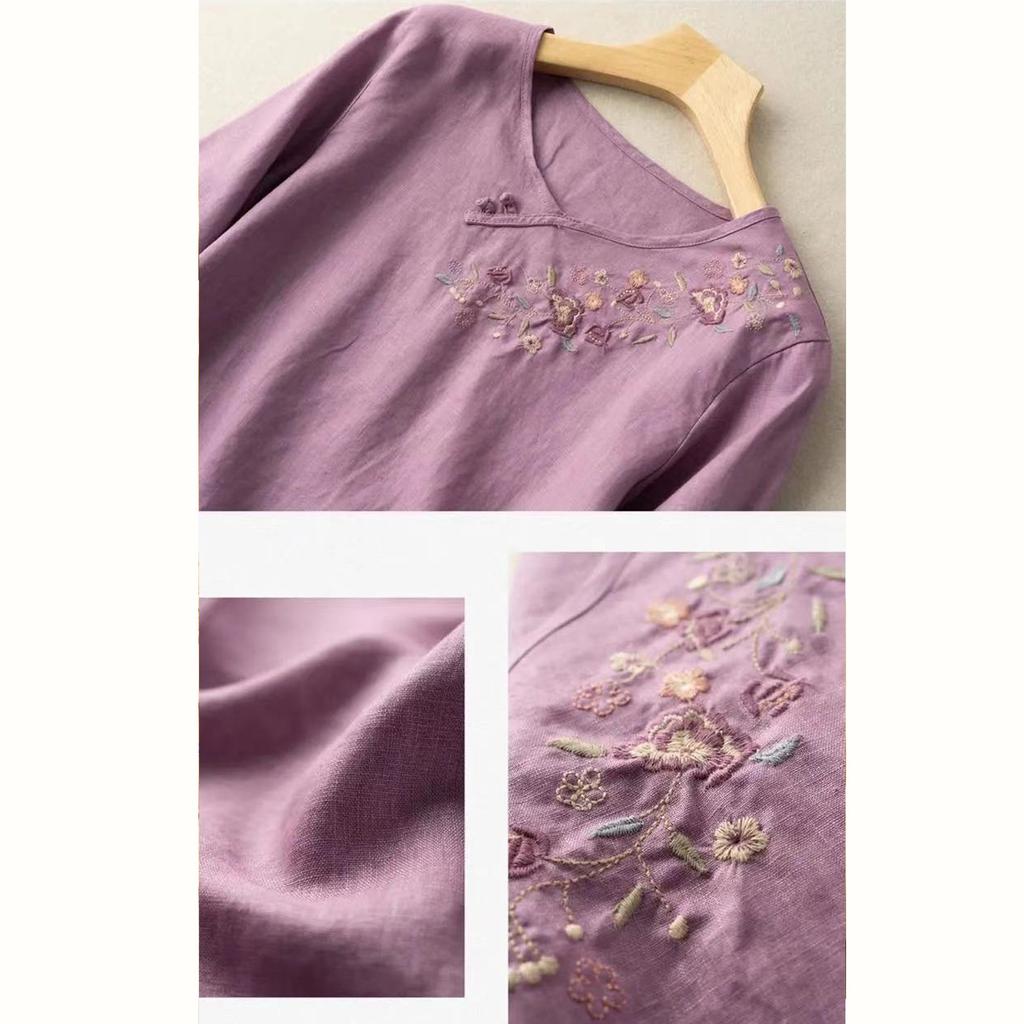 Damen Baumwolle Leinen Farbe 3/4 Ärmel Hemd Rundhals Locker Bluse Pullover Top