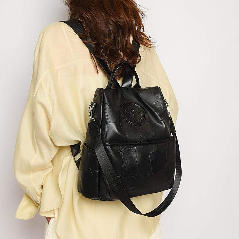 Soft Leather Women Backpack Geometric Pattern Patchwork Backpack Large Capacity Women's Travel Bag