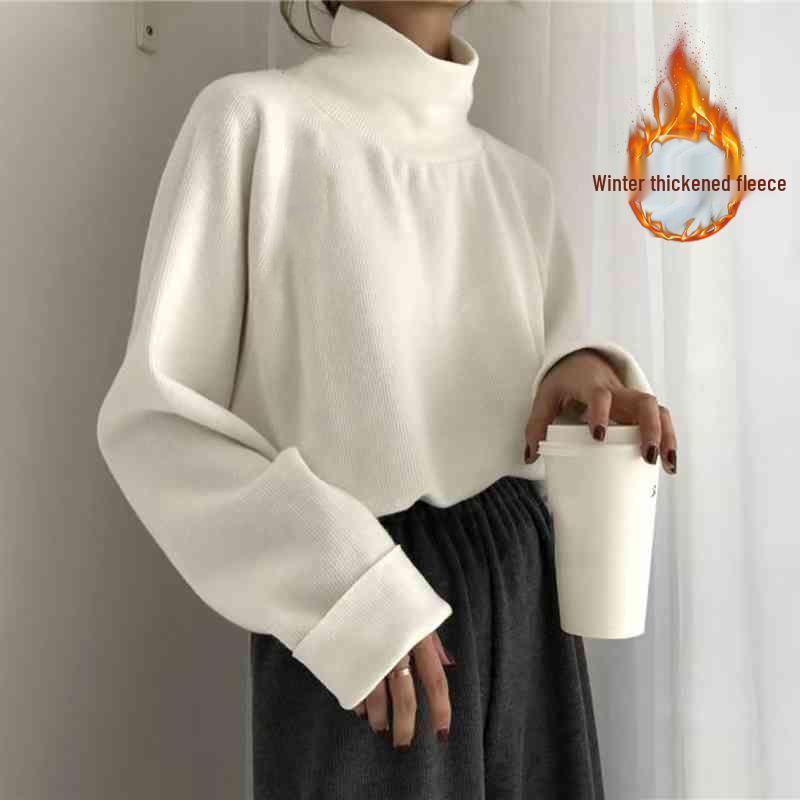 Women's Half-High Neck Fleece T-Shirt - Brushed, Warm, Loose Fit for Autumn/Winter.