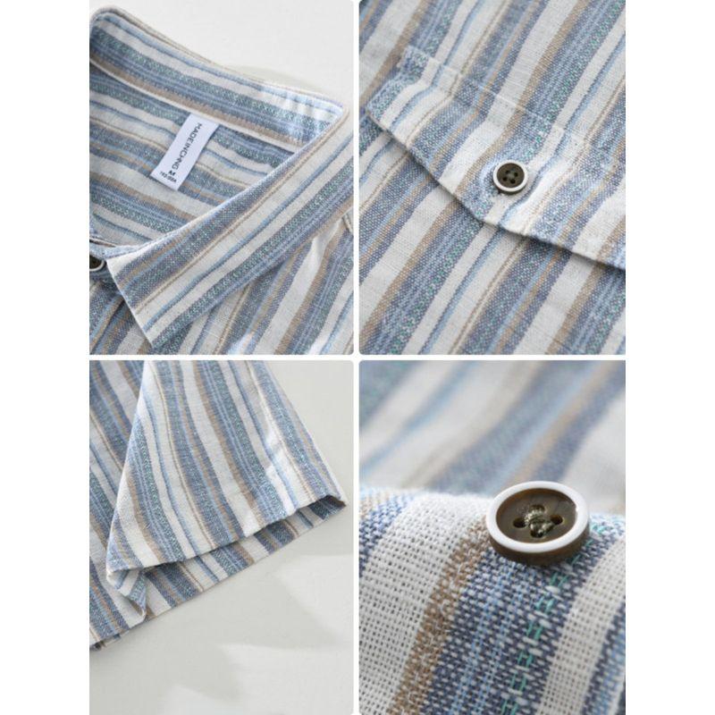 Fresh Breathable Color Matching Stripe Linen Short sleeve Shirts Men's Summer Casual Half Sleeve Japan fashion Retro Cotton and Linen Shirt