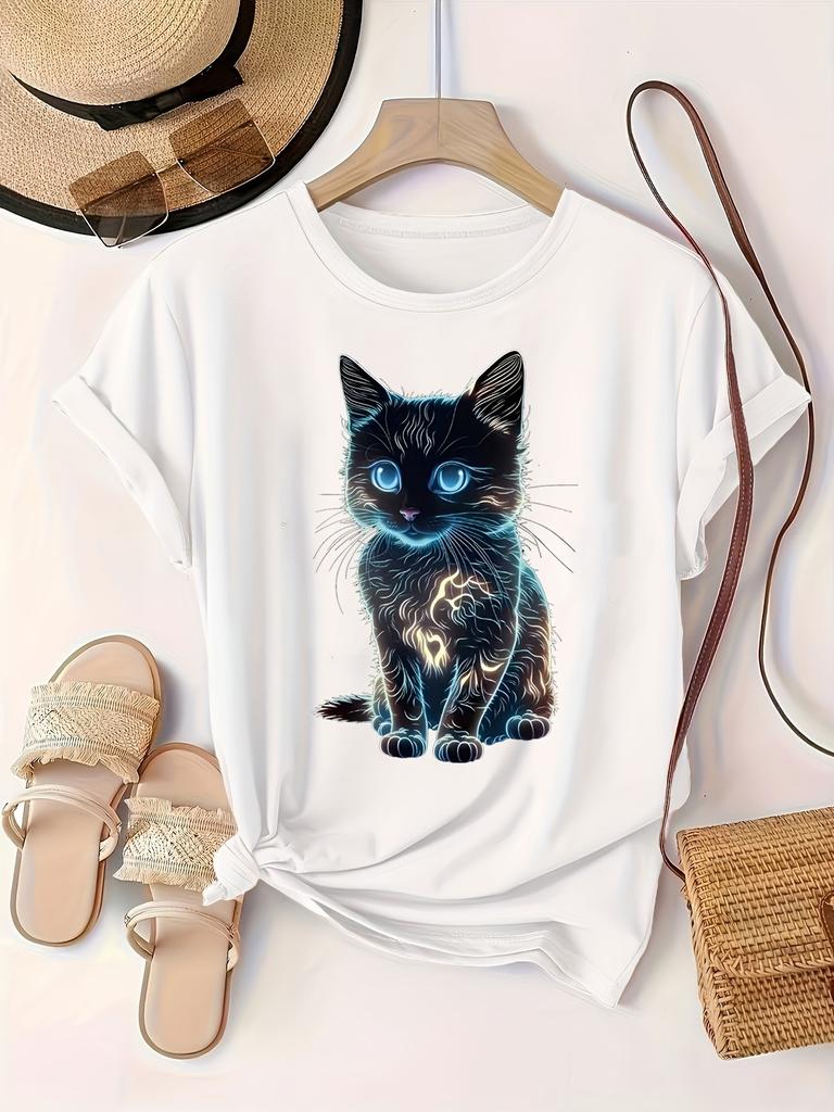 Neon Glow Kitten Women's Tee - Futuristic Cat Graphic, Casual Black Top