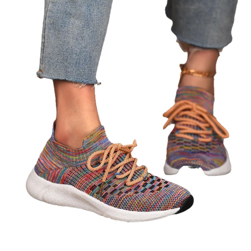 Breathable Fly-Woven Sports Single Shoes Women'S Spring Color Matching Casual Soft Sole Large Size Lace-Up Running Shoes Size 43