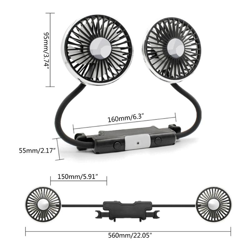 Car Cooling Air Fan USB Double Head Car ElectricCooling Air Fan for Rear Seat 360 Degree Rotatable with LED