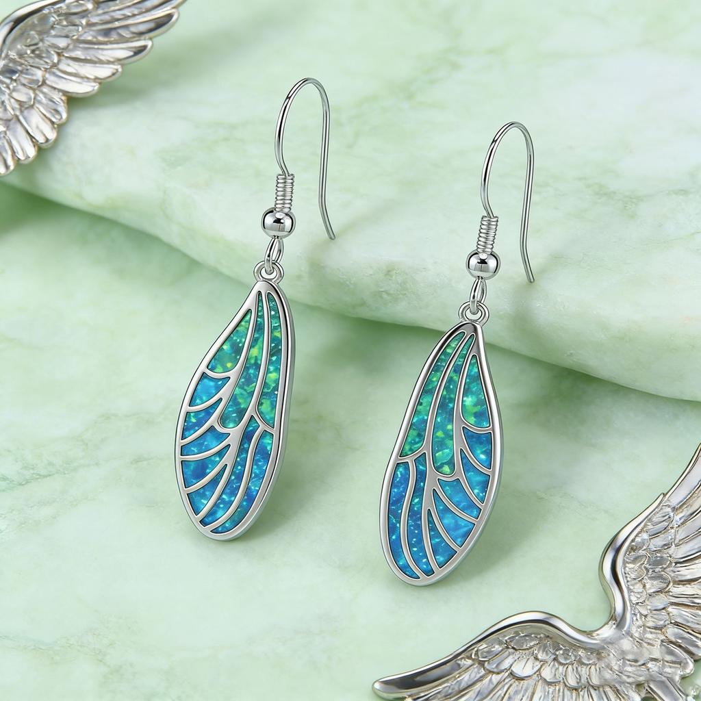 Cicada Wing Opal Earrings Blue Green Hollow Synthetic Opal Dangle Drop Earrings for Women