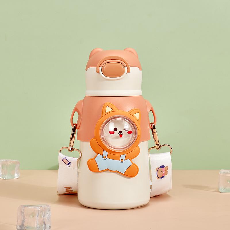 Teddy Bear Stainless Steel Thermos Cup with Lanyard & Straw - Kids' Fun Bounce Design