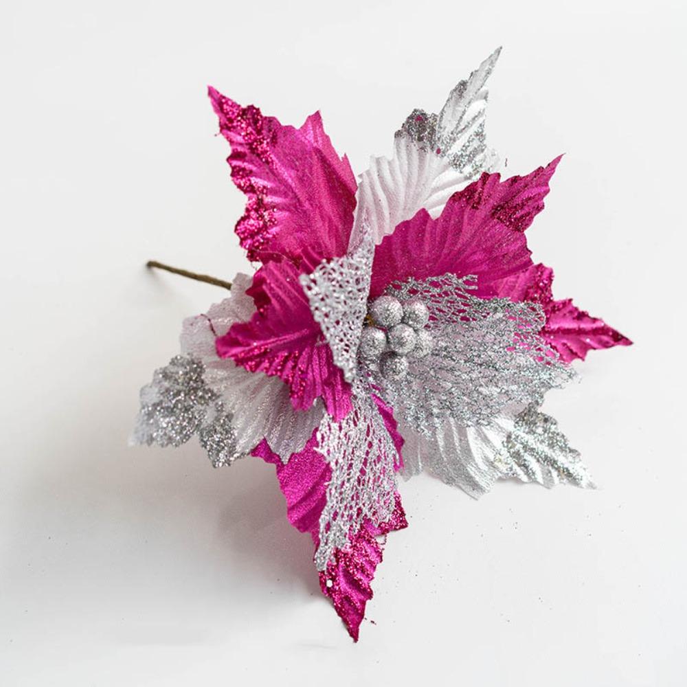 New Fabric Plastic Christmas Artificial Flowers 20cm/26cm Ornaments Fake Flower DIY Decoration Glitter Poinsettia New Year