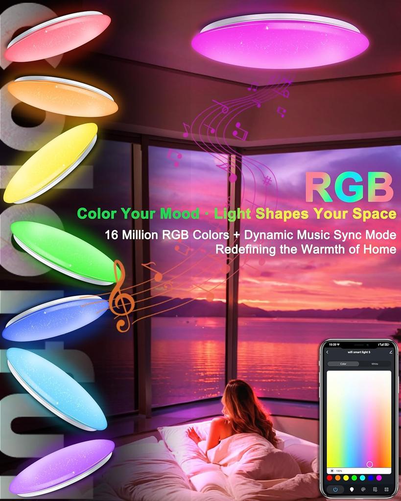 Chysongoods Lampada da soffitto LED 40 cm 45 W Dimmerabile e Temperatura Colore Regolabile RGB Ambiente Altoparlante Bluetooth Integrato Compatibile con Alexa per Uso Interno