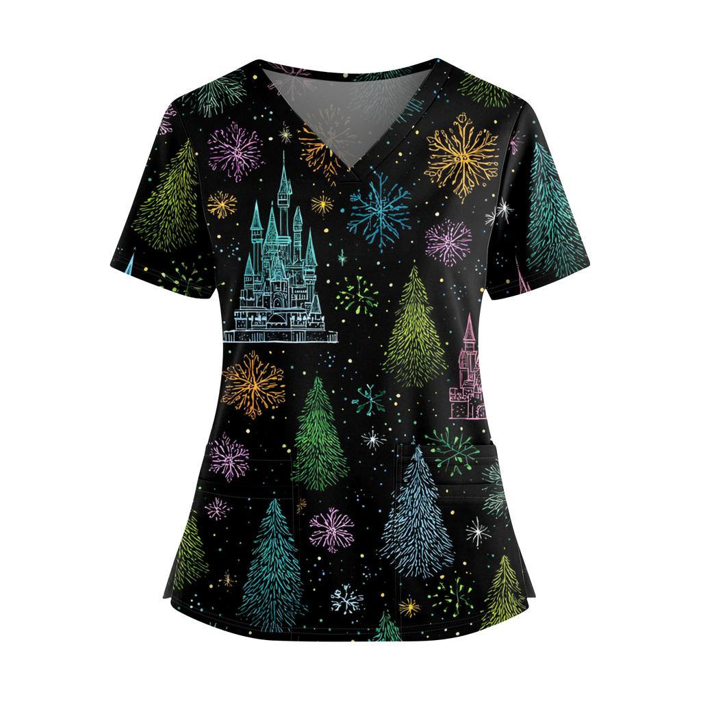 Women's Christmas Printed V-Neck Double Pocket Short Sleeves Hem Slit  Uniform Caregiver Top