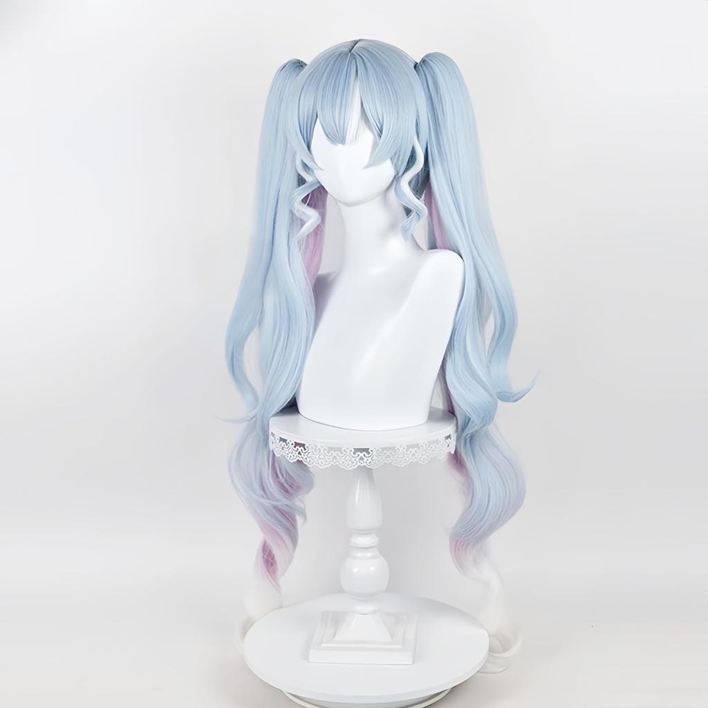 Hatsune Miku Snow Miku Cosplay Wig, Light Blue and Pink Gradient, Long Twin Tails, Blunt Bangs, Heat-Resistant Fiber (Up to 180°C), Adjustable Size, U