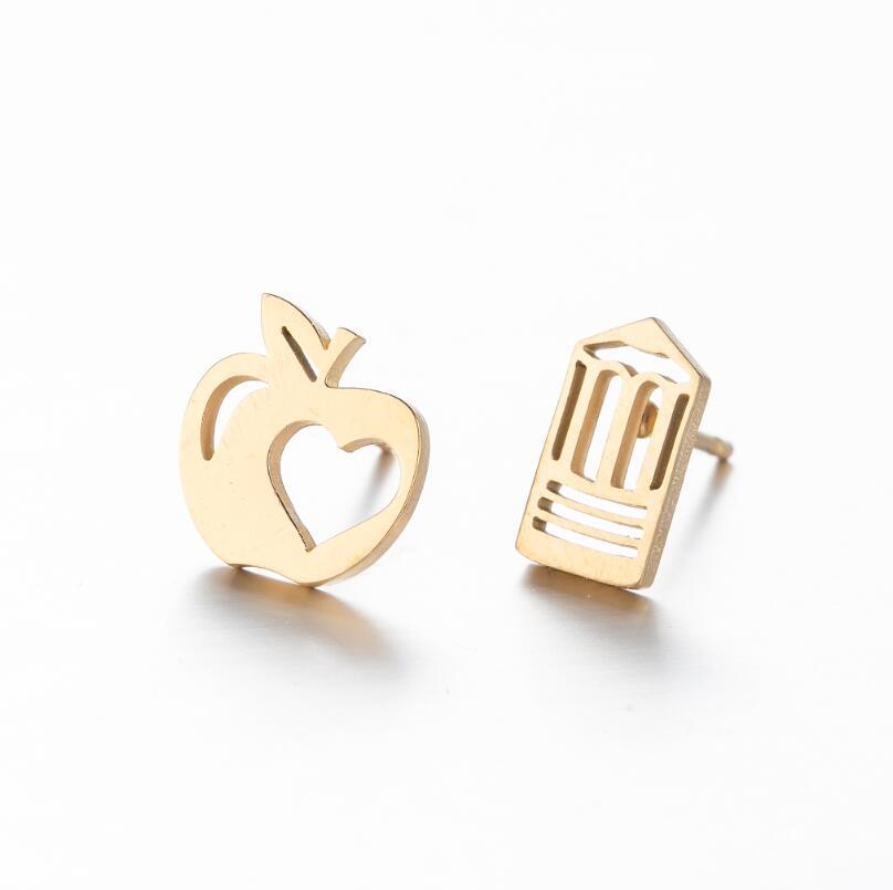Asymmetrical Cartoon Apple Pencil Earrings: Stainless Steel Fruit Studs for Women