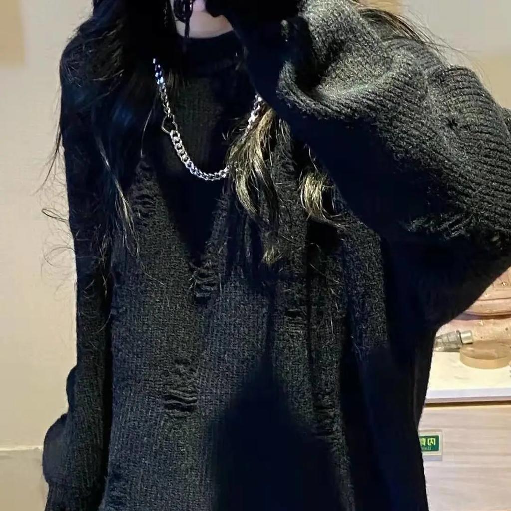 Damen Frühling und Herbst Einfarbiger Slouchy Style Lochbrechender Pullover Design Pullover Strickpullover