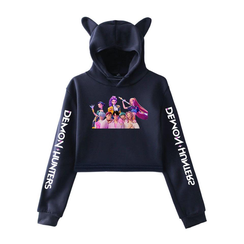 

Горячие K-Pop Охотники на демонов Кроп-топы Толстовка с кошачьими ушками Длинный рукав Девушки Женщины Мода Худи XXS темно-синий