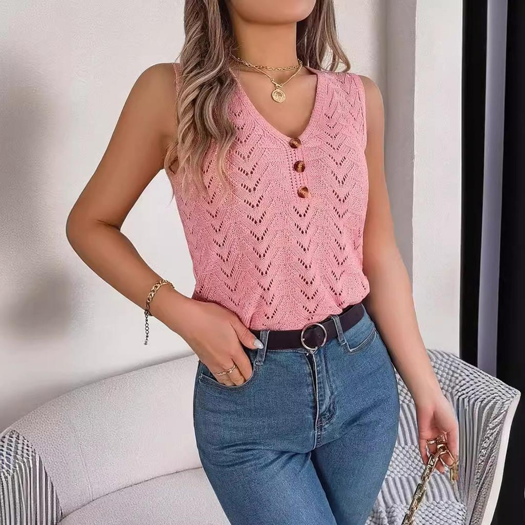 Spring And Summer Button-down V-neck Hollow Sleeveless Top Holiday Sweater For Women