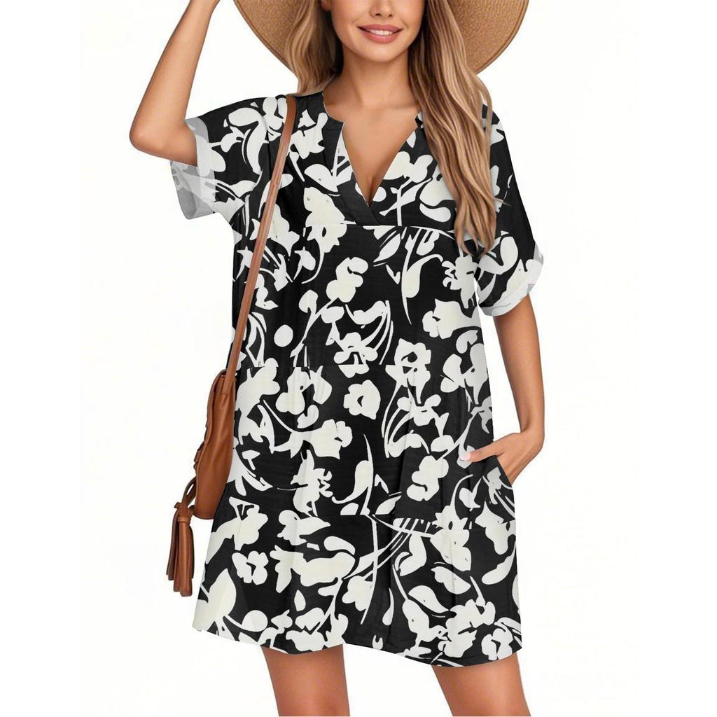 Women's Fashion Smock Hawaiian Floral Casual Short Sleeve V-neck T-shirt Dress Holiday Beach Dress