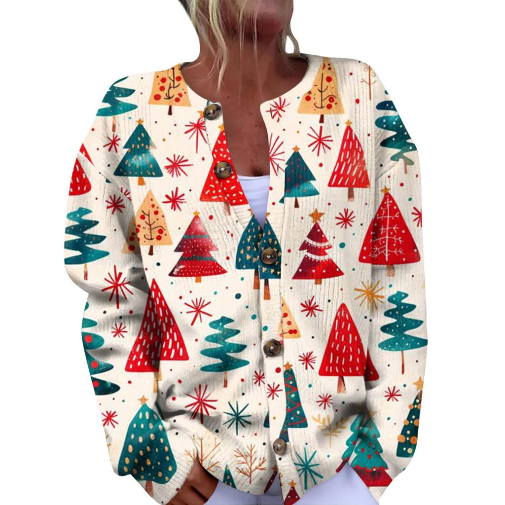 Women's Fashion Christmas Printed Long Sleeve Knitted Cardigan Button Down Jacket