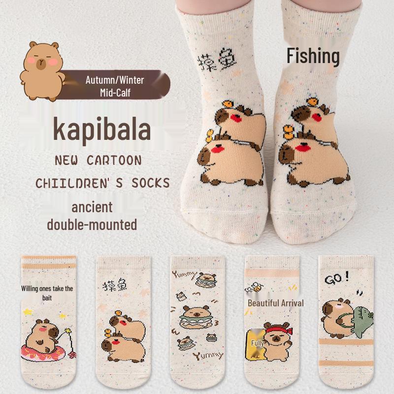 Capybara Kids' Cotton Mid-Calf Socks with Cartoon Designs for Spring, Autumn, and Winter