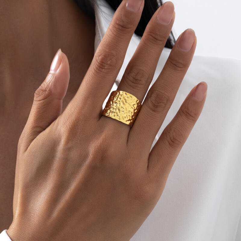Punk Hammer Patterned Wide Edged Adjustable Opening Rings for Women Gold Color Stainless Steel Rings Party Jewelry Gifts
