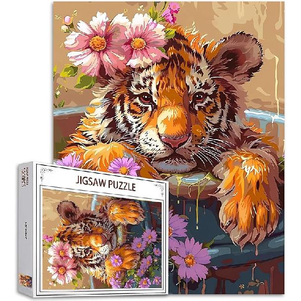 Adorable Pig in Bathtub Jigsaw Puzzle 1000 Pieces Puzzles for Adults, Farmhouse Animal Flowers Jigsaw Puzzles for Challenging Family Activity Games