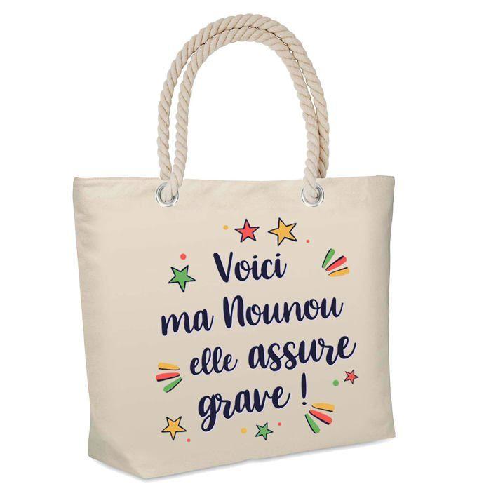 Sac cabas - PLANETEE - Nounou elle assure grave ! - Jute - Beige - Grande contenance
