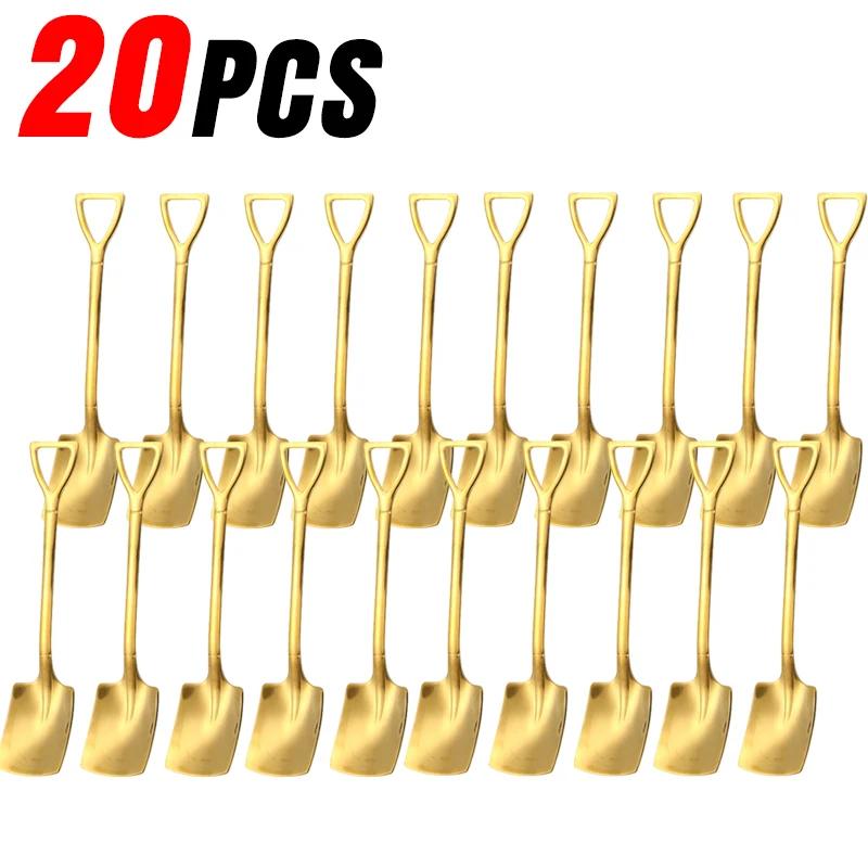 Stainless Steel Shovel Spoon Creative Gold Silver Coffee Spoons Ice Cream Dessert Scoops Teaspoon Kitchen Tableware Cutlery Sets