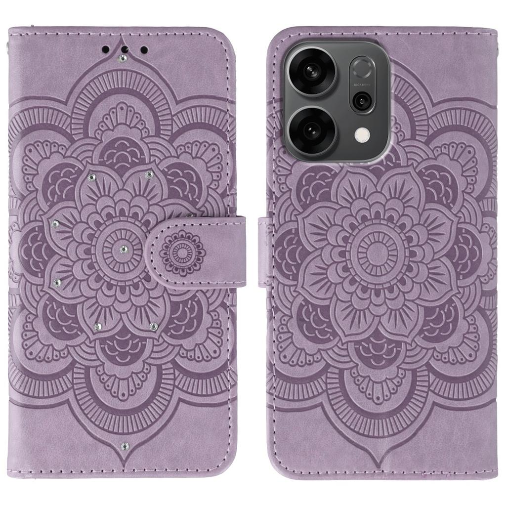 For Oppo Reno14 5G (Global) Case Rhinestone Decor PU Leather Mandala Imprinted Design Phone Cover with Wrist Strap