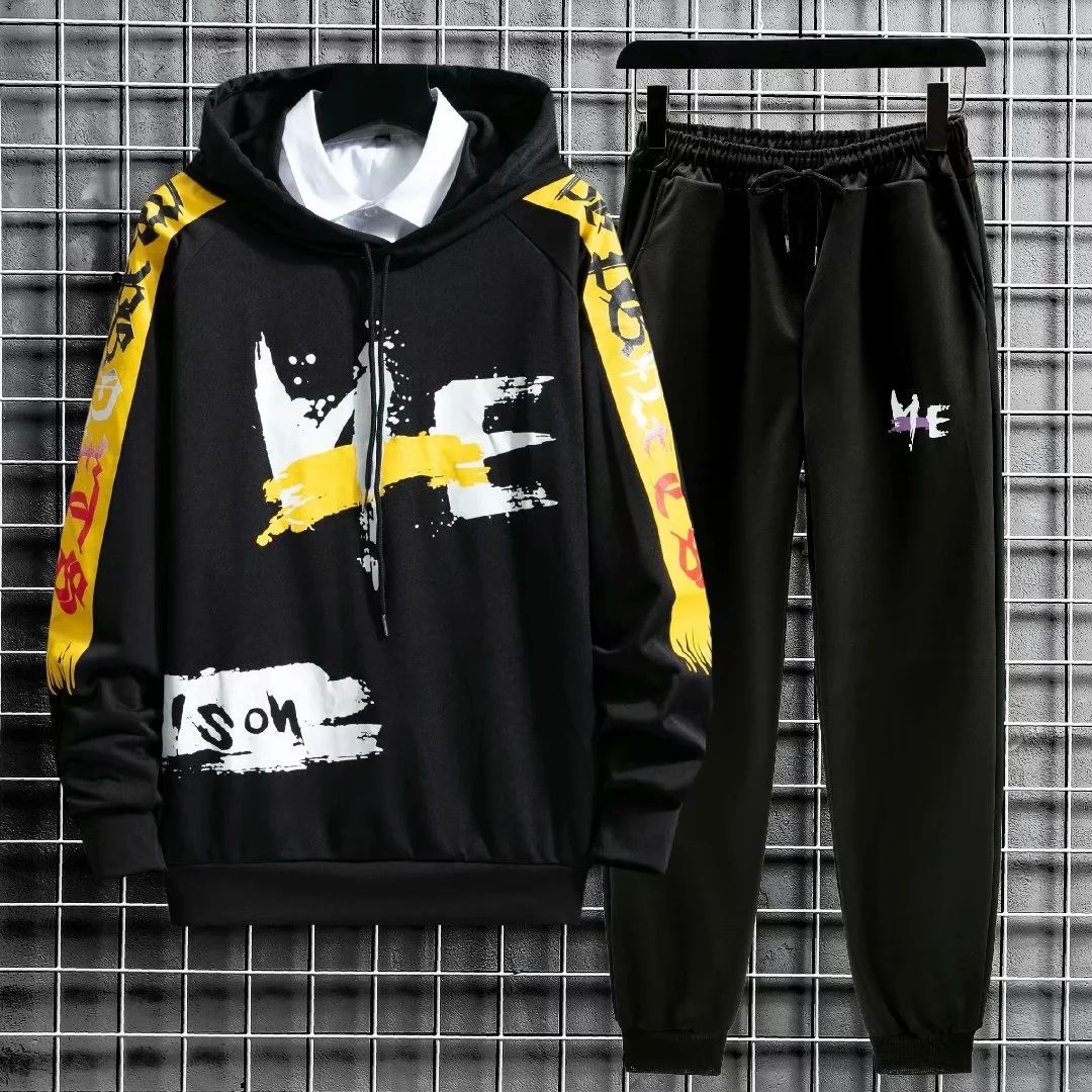 

Весенне-осенний мужской пуловер и брючный костюм, кампусная одежда, свитер с капюшоном, повседневный свободный спортивный костюм XXL чёрный