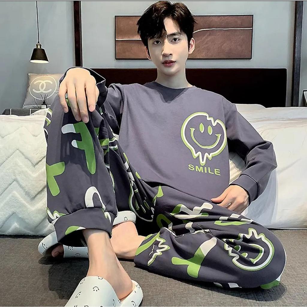 Pajamas Spring and Autumn Men's New Long Sleeve Outable Home Clothes Simple and Casual Large Set