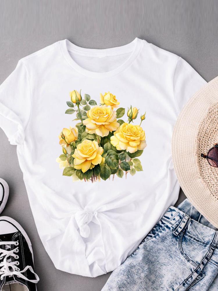 (Asian Size) love heart flower trend  Print Short Sleeve T-shirts Fashion O-neck Female Casual Women's Top T Clothing  Graphic Tee