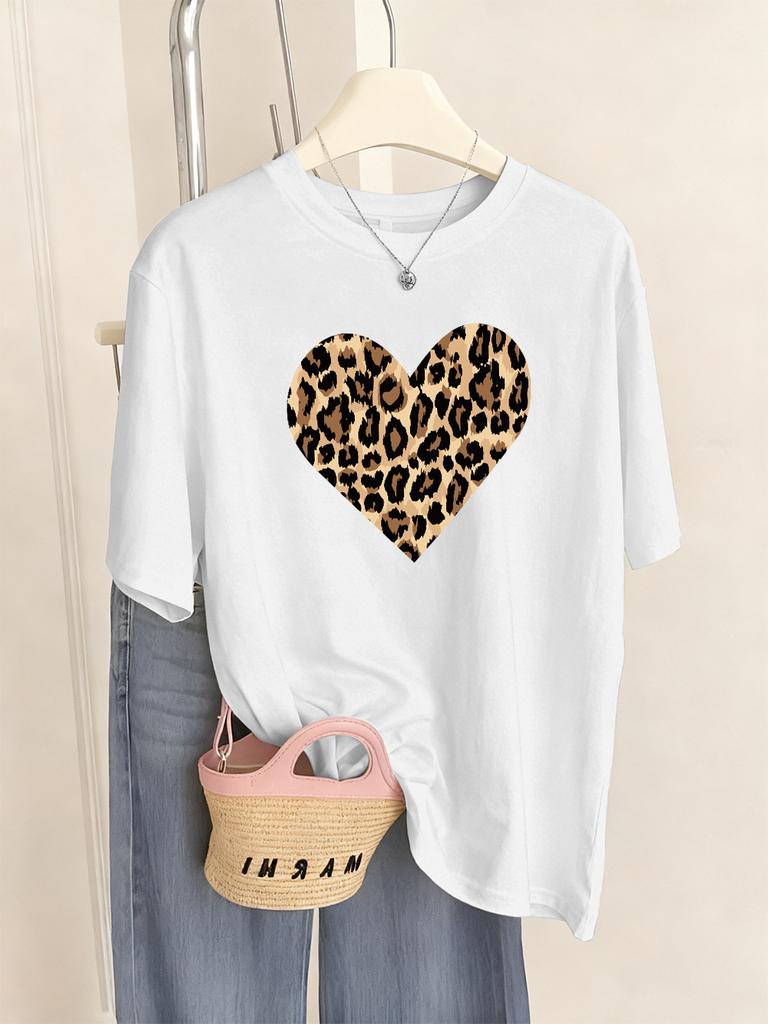Leopard Heart Shape Printing TShirt Womens Basics Comfortable T Shirts Loose ONeck Short Sleeve Tops Summer Soft Woman Clothes