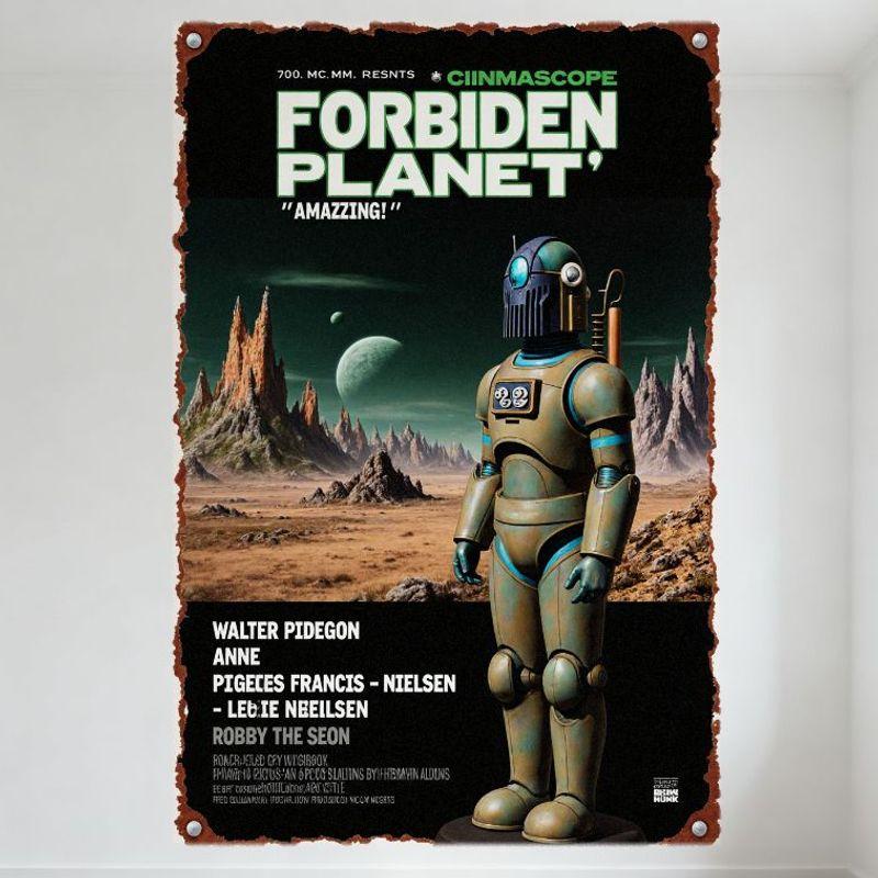 

Vintage Forbidden Planet Movie Poster Metal Tin Sign Retro Robby the Seon Alien Landscape Wall Decor for Man Cave Bar Cafe Home 20x30cm（7.8x11.8inch）